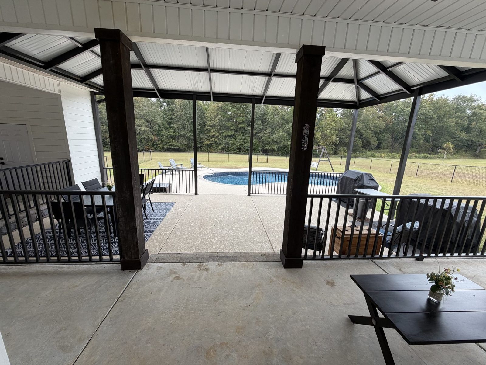 Patio cover structure, posts, and metal roof